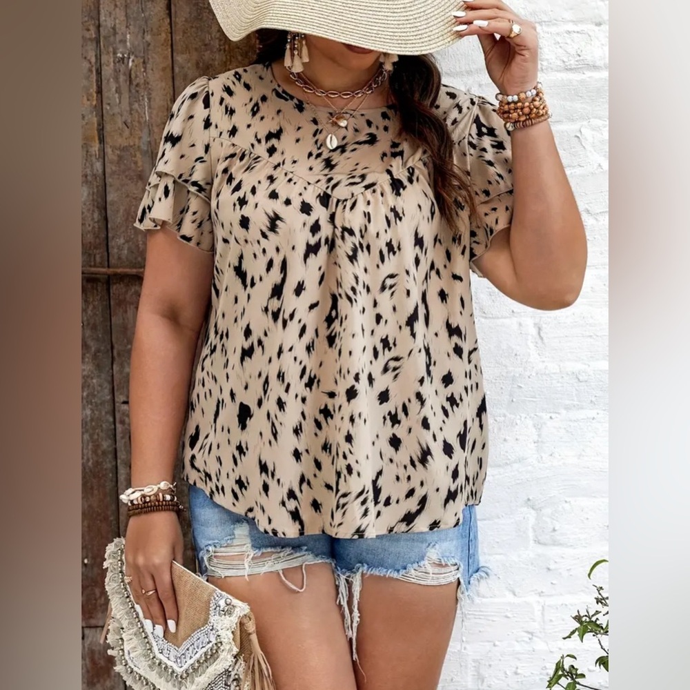 1X Flattering Plus Size Ruffle Sleeve Blouse Vibrant Allover Print Crew Neck - Picture 4 of 6